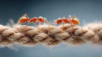 Close encounter between two ants on a natural rope with a blurred background highlighting their interaction photo