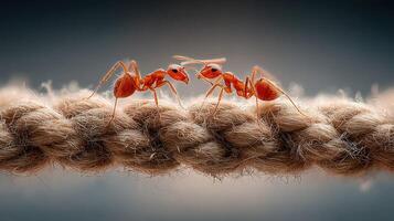 Two red ants interact on a rope during daylight, showcasing their social behavior and communication photo