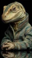 Lizard dressed in stylish jacket sitting with a contemplative expression against a dark background photo