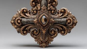 Intricate antique cross featuring ornate metalwork and a central gemstone on a neutral background photo