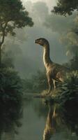 Majestic dinosaur stands near tranquil waters in a lush prehistoric jungle setting at dawn photo