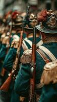 Marching soldiers in historical uniforms during a parade in a bustling city street photo