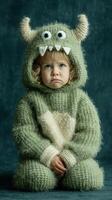 Child wearing cozy monster costume sits with a serious expression in a studio setting during autumn photo