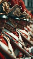 Ceremonial soldiers in traditional uniforms standing in formation during a historical event in a city square photo