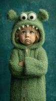 Child wearing a cozy green monster costume with a hood smiles playfully while posing against a teal backdrop photo
