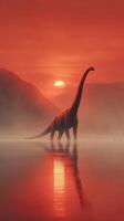 Dinosaur stands in tranquil waters against a vibrant sunset reflecting off the misty landscape photo