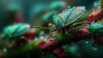 Colorful insects on a plant with droplets of water in a lush outdoor environment during early morning light photo