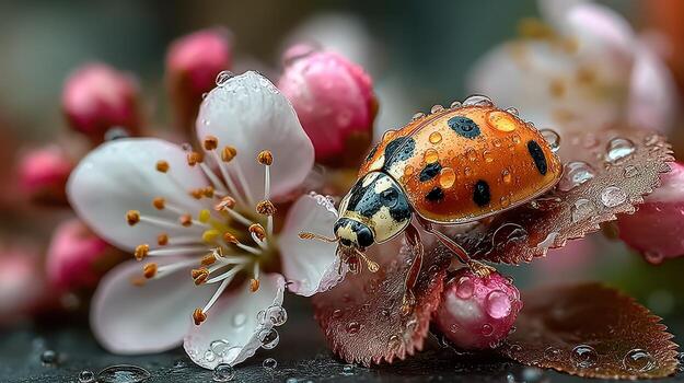Close-up view of a ladybug resting on pink blossoms in a garden after rainfall during springtime photo