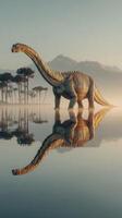 Majestic dinosaur stands tall by serene water at dawn with mountainous backdrop and scattered trees photo