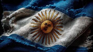 Worn Argentine flag display capturing the sun emblem and vibrant blue and white colors photo