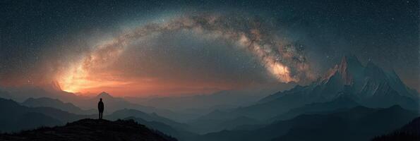Stargazer admires the Milky Way over majestic mountains at twilight in a serene landscape photo