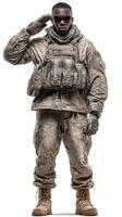 Soldier in tactical gear saluting, showcasing military pride and professionalism in a neutral background photo