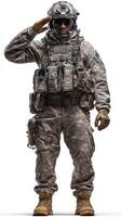 Soldier saluting in military uniform during training exercise at camp in daylight photo