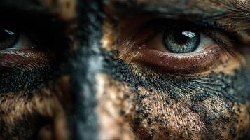 Intense gaze of a warrior with painted face during dramatic outdoor activity at dawn photo