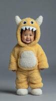 Cute toddler dressed in a fuzzy monster costume smiles happily against a gray background during a playful indoor photoshoot photo