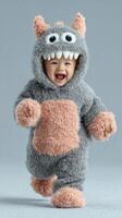 Happy baby wearing a playful monster costume runs joyfully on a light gray floor in a cheerful indoor setting photo
