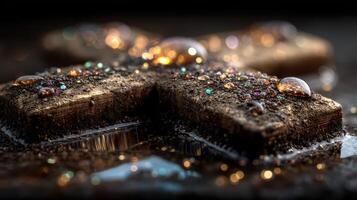 Close-up of textured surface with droplets and shimmering details in a dark setting photo