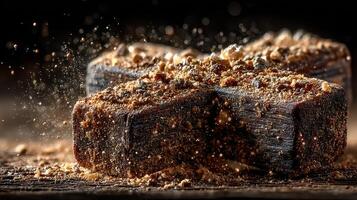 Dust and particles flying as wood is chopped on a wooden surface with dramatic lighting effects capturing the moment photo