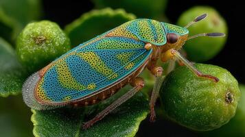 Colorful insect on green fruit captured in incredible detail in a natural setting photo