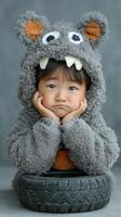 Cute child in gray fluffy monster costume sitting on a tire with a thoughtful expression in a cozy indoor setting photo