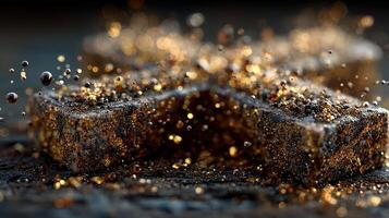 Golden liquid splashes create mesmerizing droplets around textured surface at dusk photo