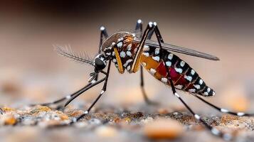 Close-up view of a mosquito resting on a surface showcasing intricate details of its body and wings in a natural setting photo