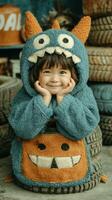 Cute child in a monster outfit posing happily among stacked tires in a playful setting during the day photo