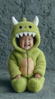 Happy child in green monster costume smiles joyfully indoors during a playful moment photo