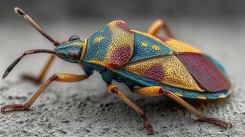 Close view of a vibrant tropical bug showcasing intricate colors and patterns on a textured surface photo