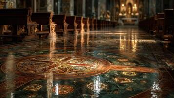 Beautifully designed church interior with intricate floor patterns and soft lighting in a serene atmosphere photo