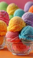 Colorful scoops of ice cream in a glass bowl showcasing a variety of vibrant flavors and textures photo