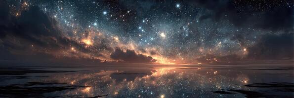 Stunning night sky with stars and clouds reflecting on calm water surface at twilight photo
