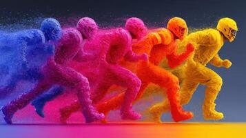 Colorful athletes sprinting in a dynamic display of energy and movement during a vibrant sporting event photo