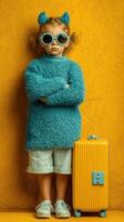 Child in blue sweater and sunglasses poses with yellow suitcase against textured orange wall in a playful travel-themed setup photo