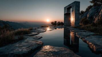 Sunset reflection at mountain monument with calm water and rocky terrain creates a serene atmosphere photo