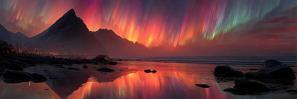 Majestic auroras illuminate the night sky over a tranquil beach and mountain landscape during the winter near the coast photo