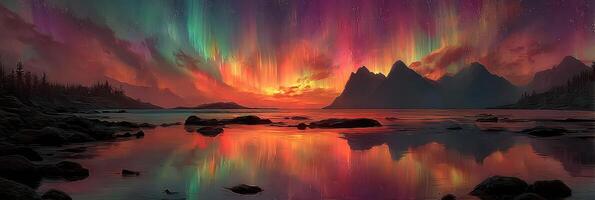 Breathtaking northern lights illuminate the mountains and lake at twilight in a serene natural setting photo