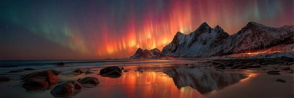 Northern lights illuminate snowy mountains near the coast under a starry sky during a winter night in Norway photo