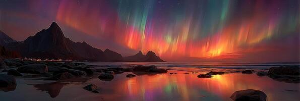 Vibrant northern lights illuminate a tranquil beach at dusk near rugged mountains photo