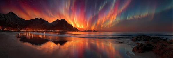 Vibrant aurora illuminates rugged coastline at sunset near tranquil beach in winter photo