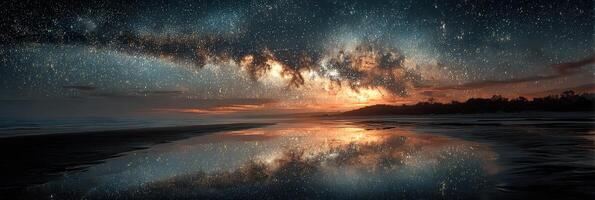 Stunning twilight view of the Milky Way reflected over a tranquil beach at sunset photo