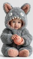 Cute baby in fuzzy gray monster costume holding a toy on a plain background during a playful indoor setting photo