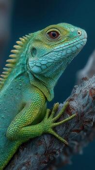Vibrant green lizard resting on a branch in a natural habitat under soft light photo