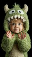 Cute toddler in a green monster costume smiling and waving with bright eyes and curly hair against a dark background photo