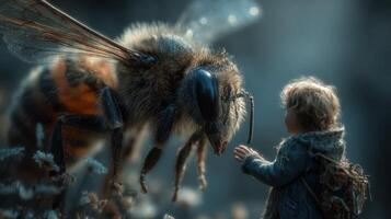 Child interacts with a giant bee in a whimsical, garden setting during late afternoon in a magical realm of nature photo