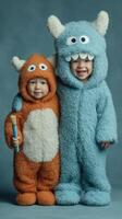Two children dressed in furry monster costumes smiling for the camera in a studio setting with soft lighting photo