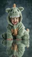 Cute baby dressed in dinosaur costume, smiling joyfully indoors on a glossy floor background photo