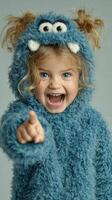 Little child in fluffy blue monster costume smiles and points joyfully photo