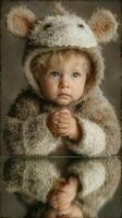 Cute baby dressed in cozy animal costume with fluffy ears sitting quietly during a studio session photo