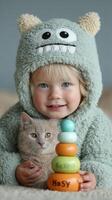 Child in fluffy monster costume holds cat beside colorful stacking toys in a cozy indoor setting photo